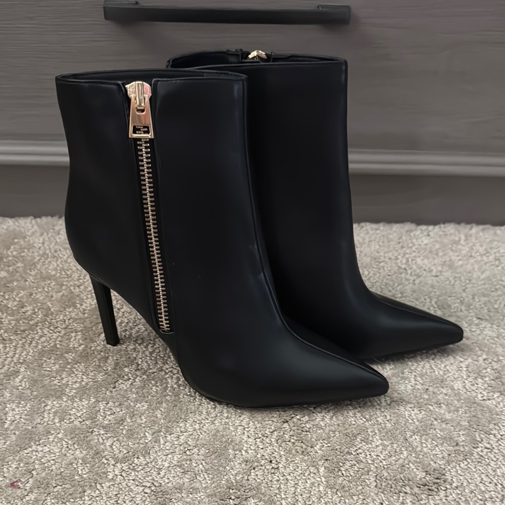 INC International Concepts Black Heeled Boots with Gold Accent